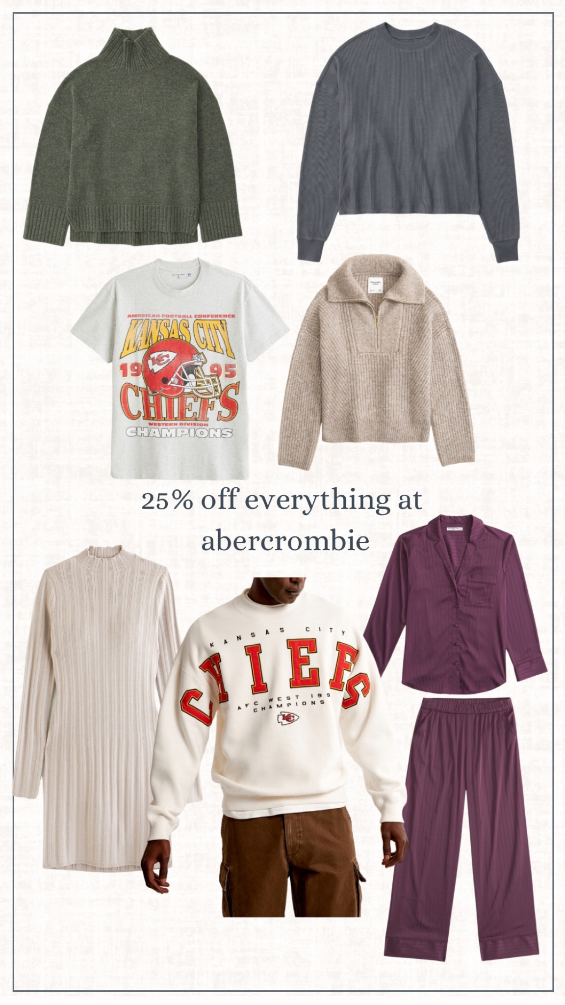 25% off everything at Abercrombie for Black Friday!!! 

Black Friday 
Abercrombie 
Midsize style 
Chiefs
Kansas City chiefs 
