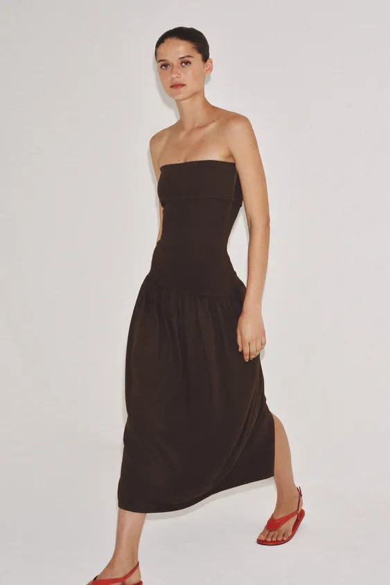 Strapless dress with folded finish. Pleated waist. Tonal combination fabric at hem. | Zara US