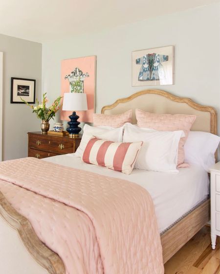 Pink and grey primary bedroom design, pink bedding, gray paint color, upholstered bed, home decor inspiration, interior designer 

#LTKhome #LTKFind #LTKstyletip