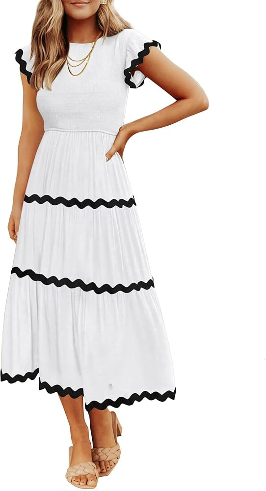 ZESICA Women's Summer Flutter Short Sleeve Smocked Midi Dress 2024 Casual High Waist Rickrack Tie... | Amazon (US)