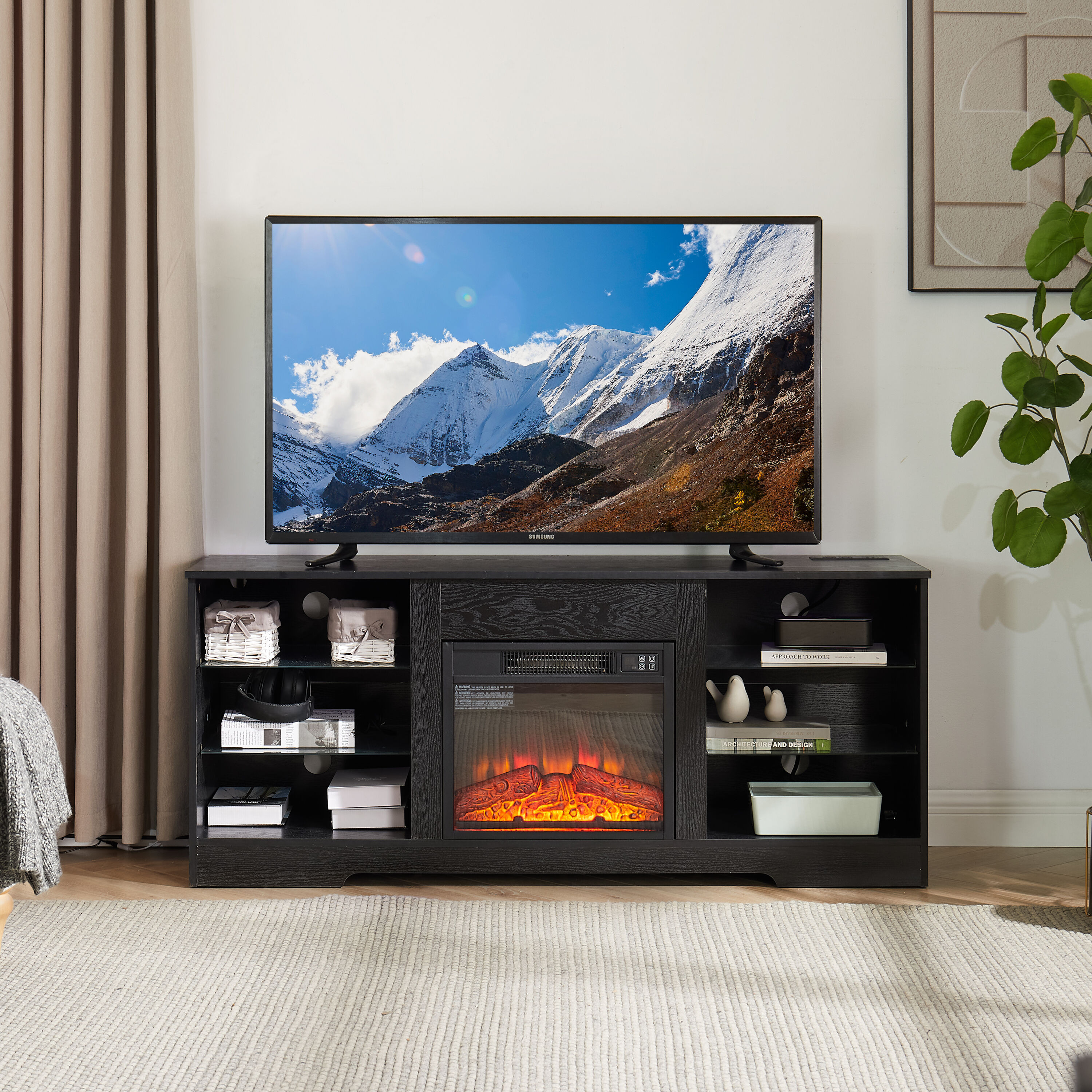 Bayfeve 57.88-in W Black TV Stand with Fan-forced Flat wall Electric Fireplace with Remote Control Included | BFWD-49867-FP | Lowe's