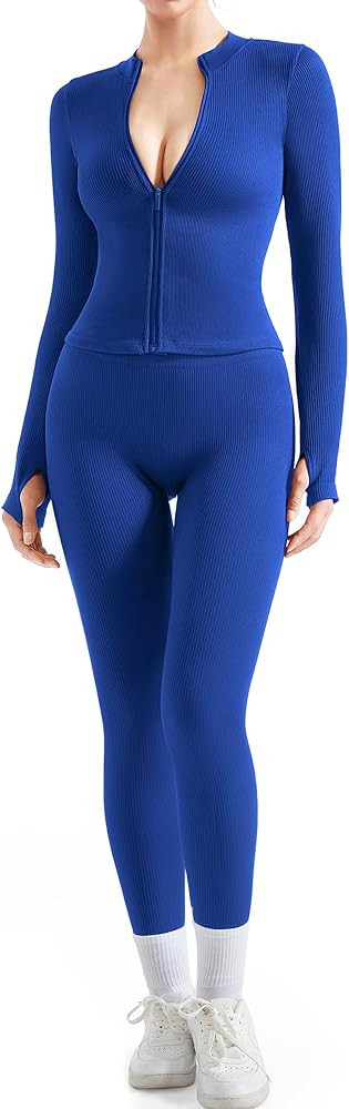 SUUKSESS Women 2 Piece Seamless Ribbed Workout Sets With Zip Up Jacket High Waisted Gym Yoga Legg... | Amazon (US)