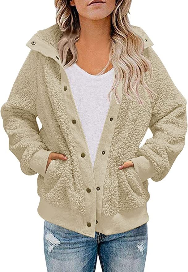 MEROKEETY Womens Winter Long Sleeve Button Sherpa Jacket Coat Pockets Warm Fleece | Amazon (US)