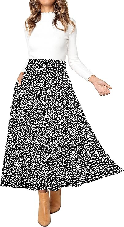 Afibi Womens High Waist A Line Ruffle Swing Long Maxi Skirt with Pockets | Amazon (US)