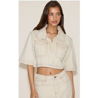 Ecru Contrast Stitched Cropped Denim Shirt | PrettyLittleThing US