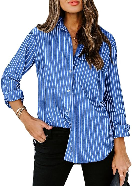 siliteelon Womens Button Down Shirts Cotton Striped Dress Shirt Long Sleeve Collared Office Work ... | Amazon (US)