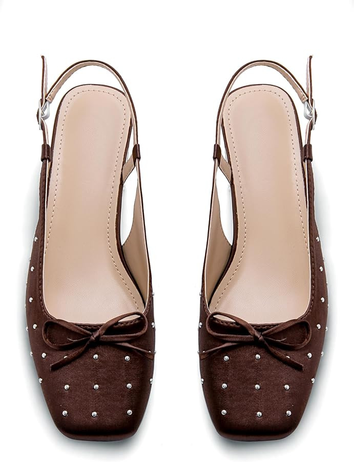 Amazon.com | Lhamo Latso Black Slingback Pumps with Bow Studded Satin Ballet Heel Square Closed T... | Amazon (US)