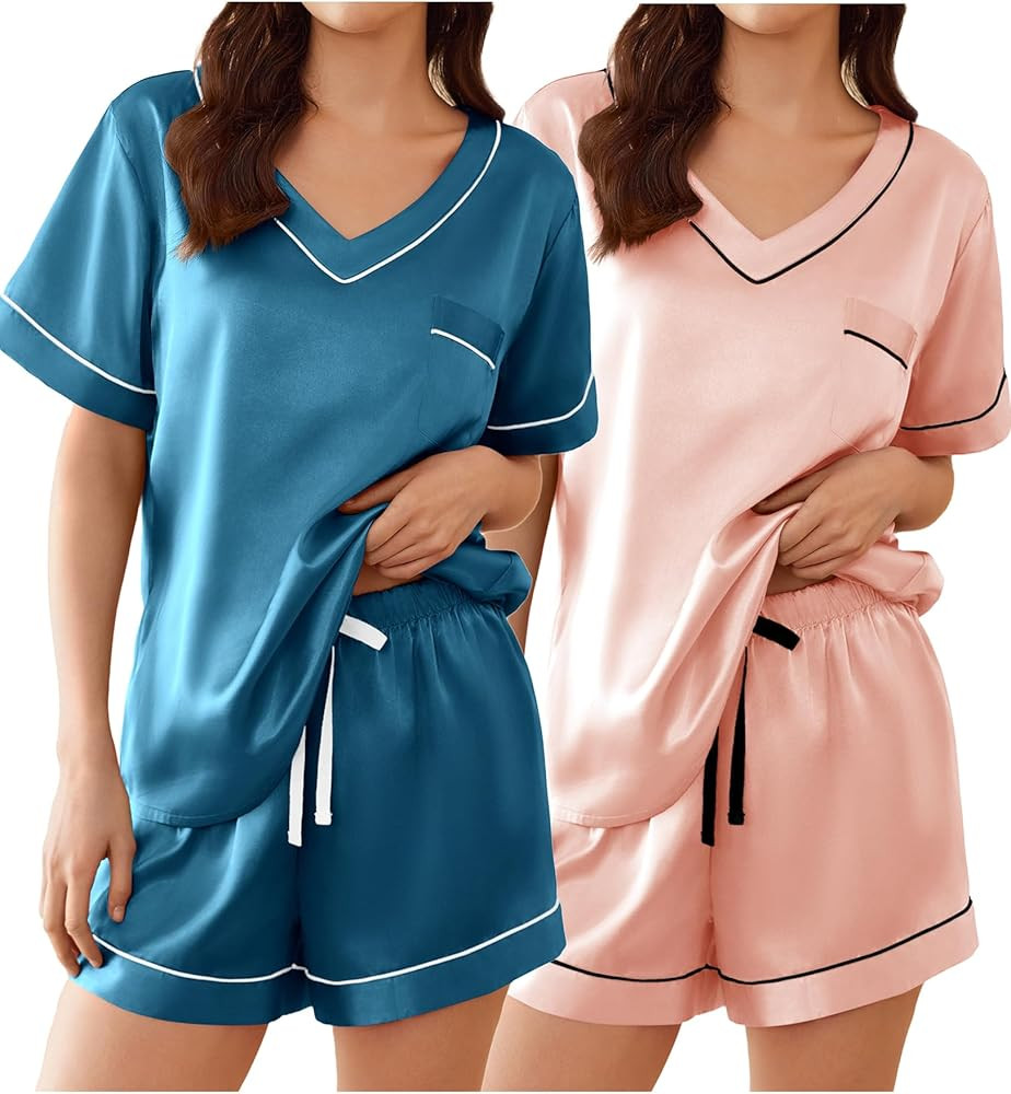 Ekouaer 2 Pack Silk Pajamas for Women Short Sleeve Satin Pj Set Soft V neck Sleepwear Loungewear,... | Amazon (US)