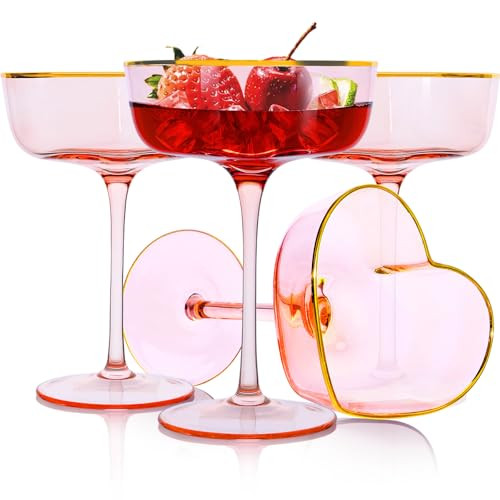 LUXULISH Heart-Shaped Martini Glasses with Golden Rim, Stunning Pink Coupe Glasses Set of 4, Great Cocktail Gift Choice for Wedding, Valentine's Day, Birthdays, Anniversary or Special Date Night - 8Oz | Amazon (US)