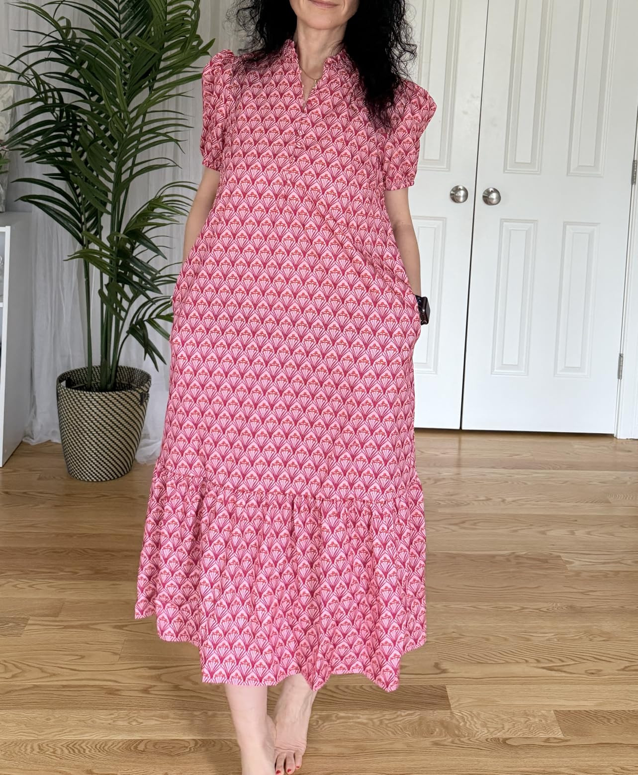 Wenrine Womens Summer Floral Maxi Dress Casual V Neck Puff Short Sleeve Button Flowy Beach Boho Long Dress with Pockets | Amazon (US)