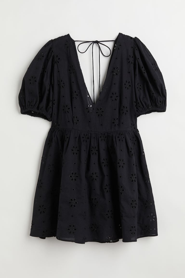 Short dress in a broderie anglaise cotton weave with a deep V-neck front and back and narrow, hor... | H&M (UK, MY, IN, SG, PH, TW, HK)