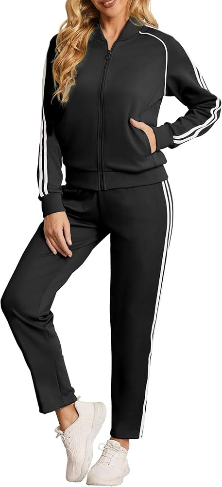 Women's Tracksuit 2 Piece Outfits Zip Striped Sportswear Long Sleeve Jogger Suits for Women with ... | Amazon (US)