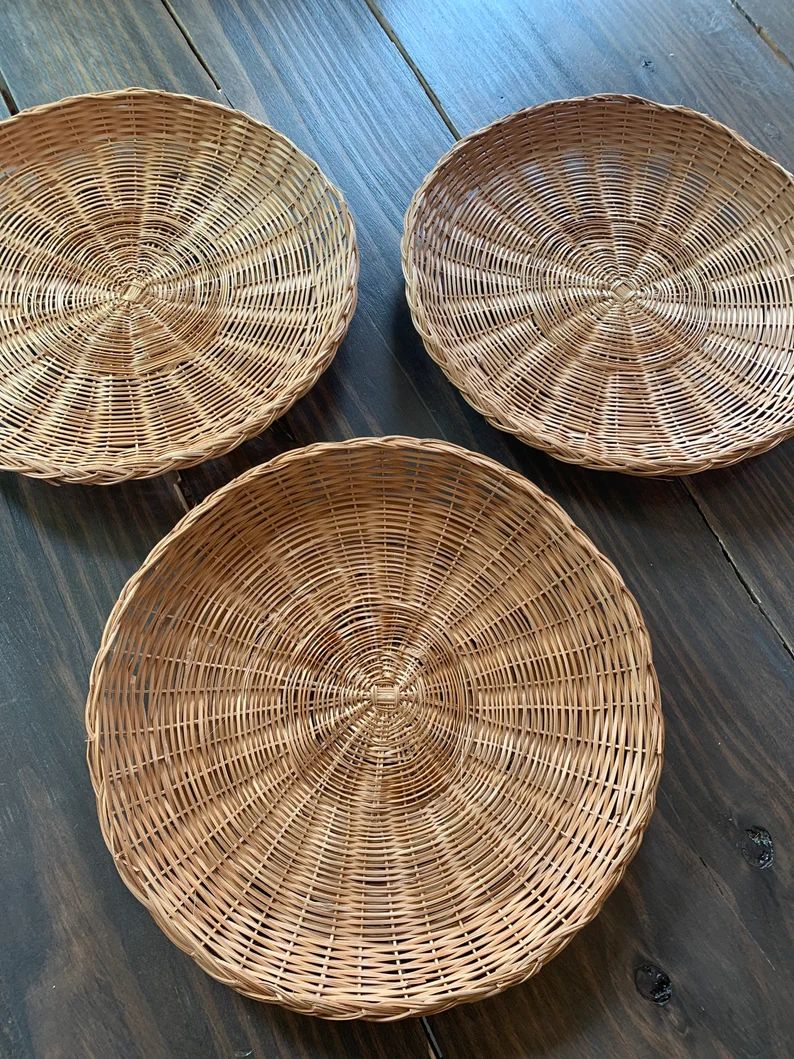 Set of Three Boho Wall Baskets  Vintage Wicker Rattan  Flat | Etsy | Etsy (US)