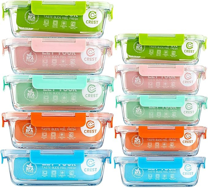 C CREST [10-Pack Glass Food Storage Containers (A Set of Five Colors), Meal Prep Containers with ... | Amazon (US)