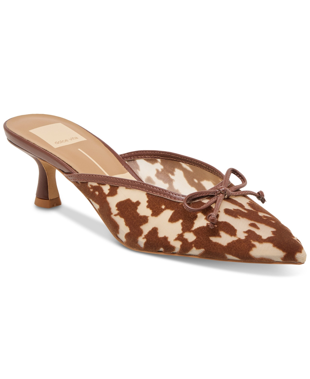 Dolce Vita Women's Cleo Bow Slip-On Kitten-Heel Mules - Cocoa Calf Velvet Mesh/Cow Print Multi | Macy's