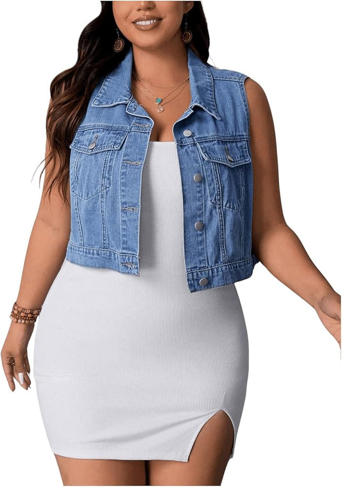 MakeMeChic Women's Plus Size Denim Vest Button Down Flap Pocket Jean Vest Sleeveless Collar Crop ... | Amazon (US)