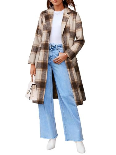 Simplee Womens Wool Blend Trench Coat Winter Plaid Shacket Jacket Casual Fall Tartan Coats Lapel Clothing with Pockets(Coffee M) | Amazon (US)