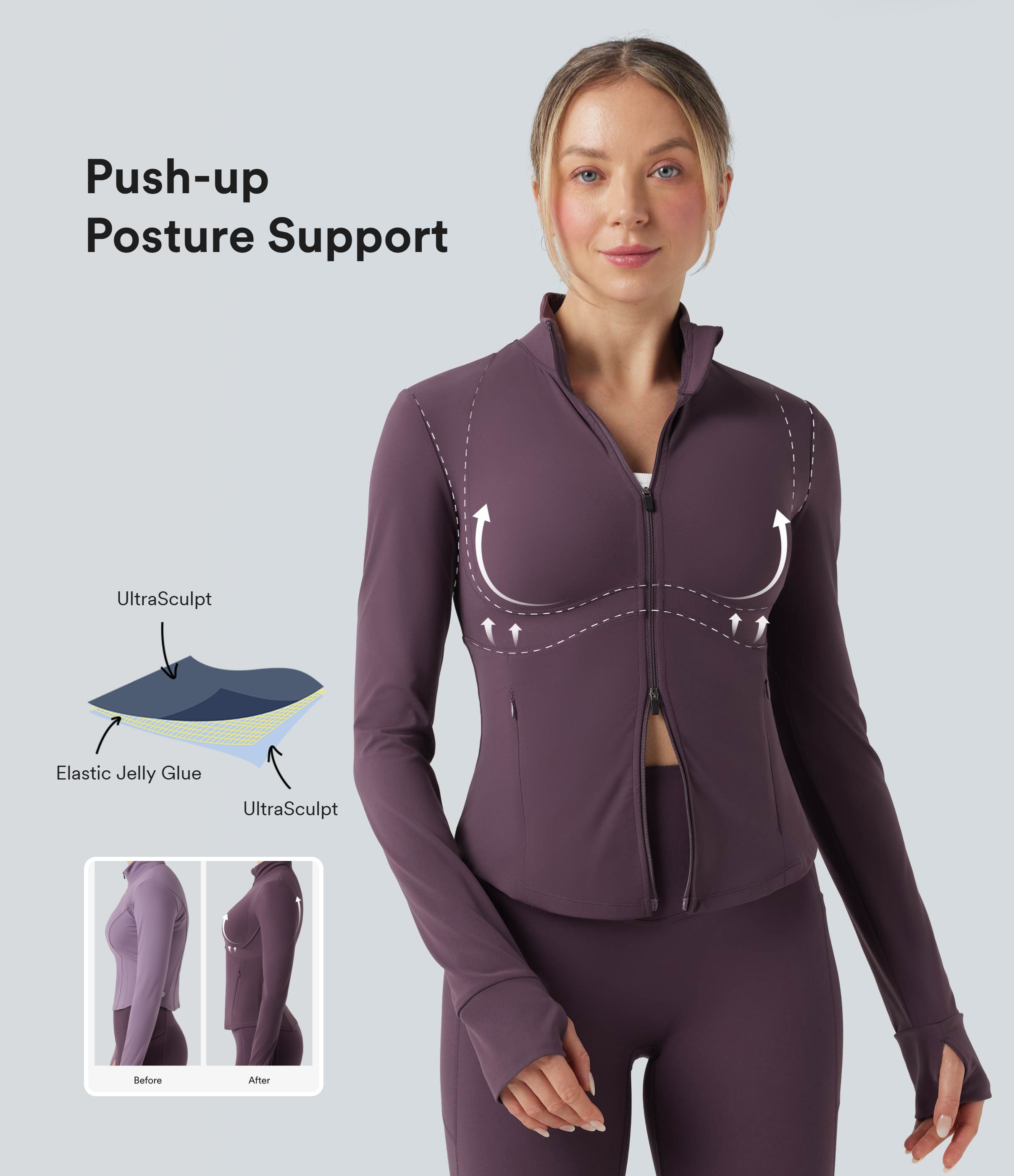 Halara Halara UltraSculpt™ Mock Neck Push-Up Long Sleeve Thumb Hole Yoga Jacket with Pockets - Night's Purple - XS | HALARA