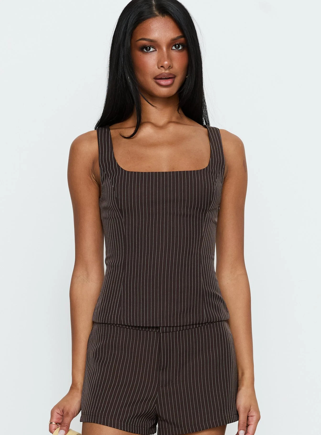 Party Invitations Tailored Top Brown Pinstripe | Princess Polly US