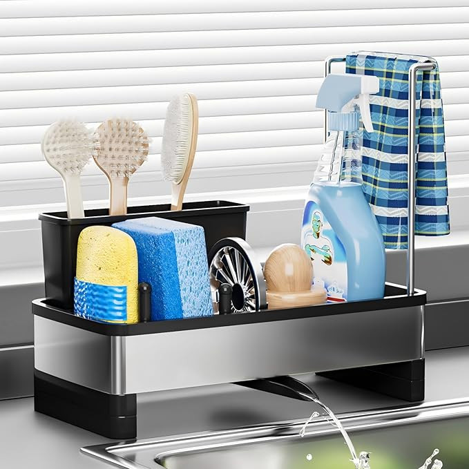 Stainless Steel Sink Caddy, Sponge Holder for Kitchen Sink with Brush Holder and Towel Rack, Sink... | Amazon (US)
