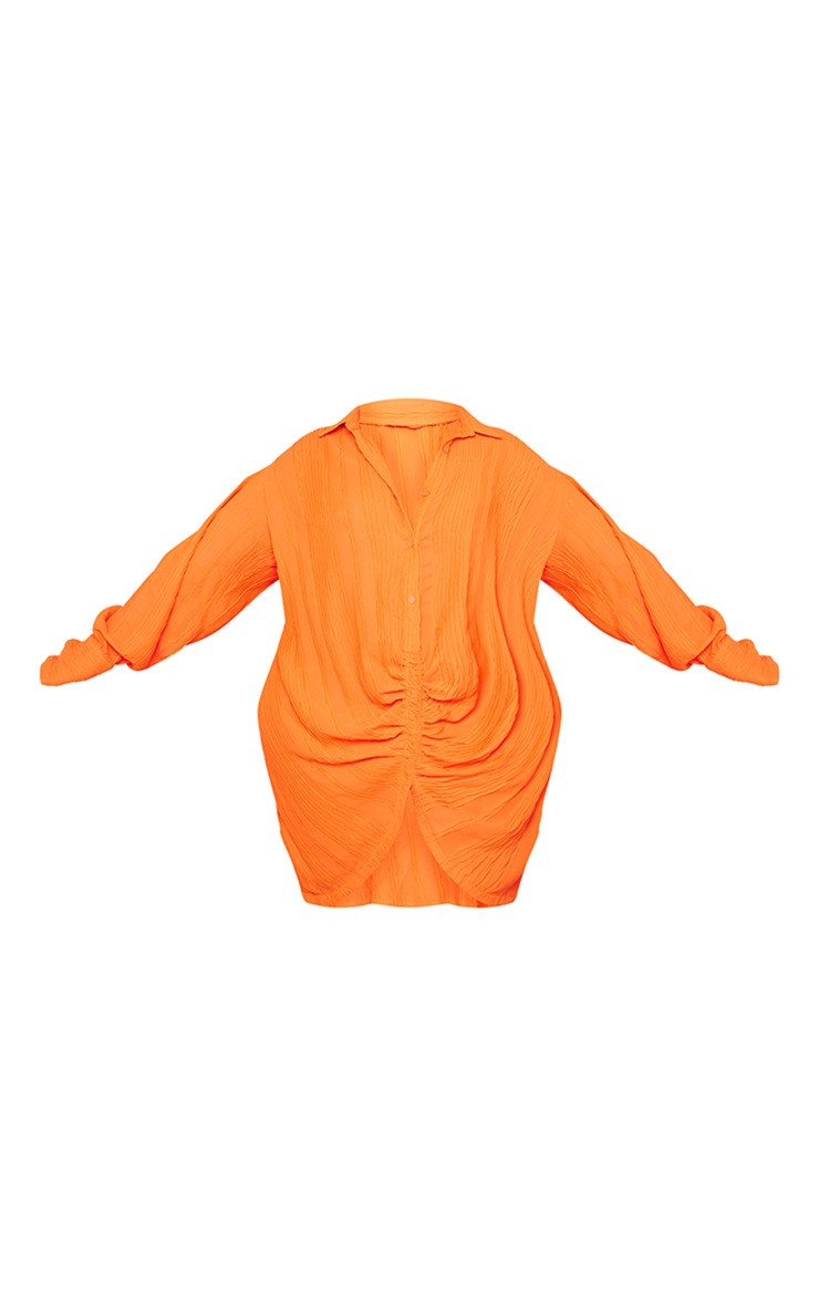 Plus Orange Textured Gathered Detail Long Sleeve Shirt Dress | PrettyLittleThing UK