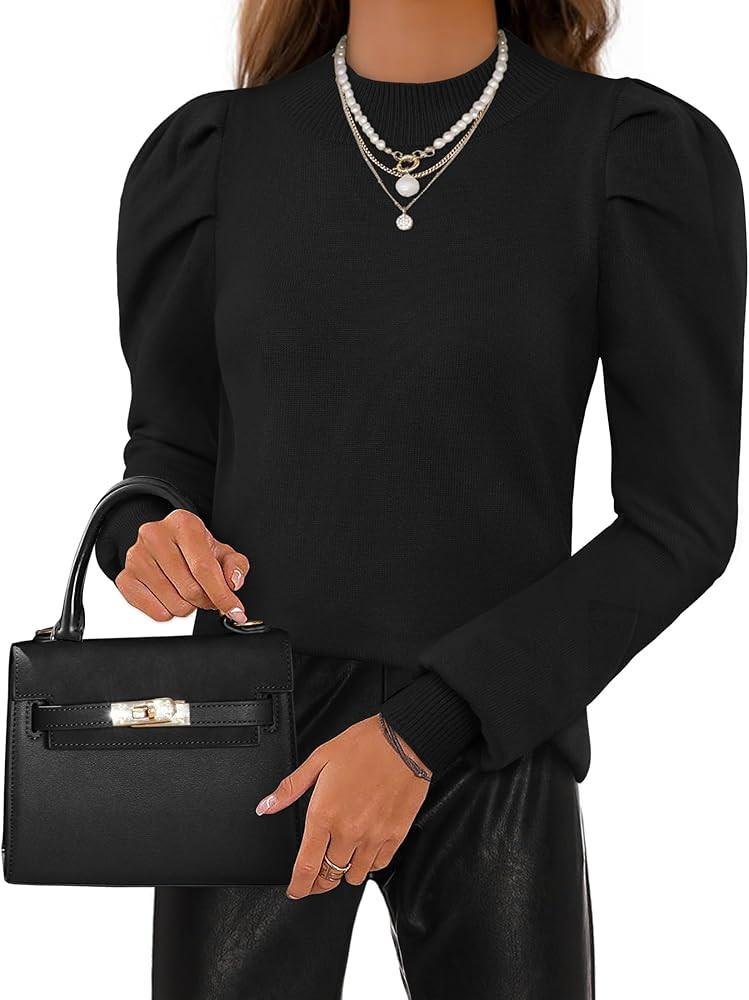 ZESICA Womens Fall Long Puff Sleeve Sweaters 2024 Casual Turtleneck Loose Ribbed Knit Solid Color... | Amazon (US)