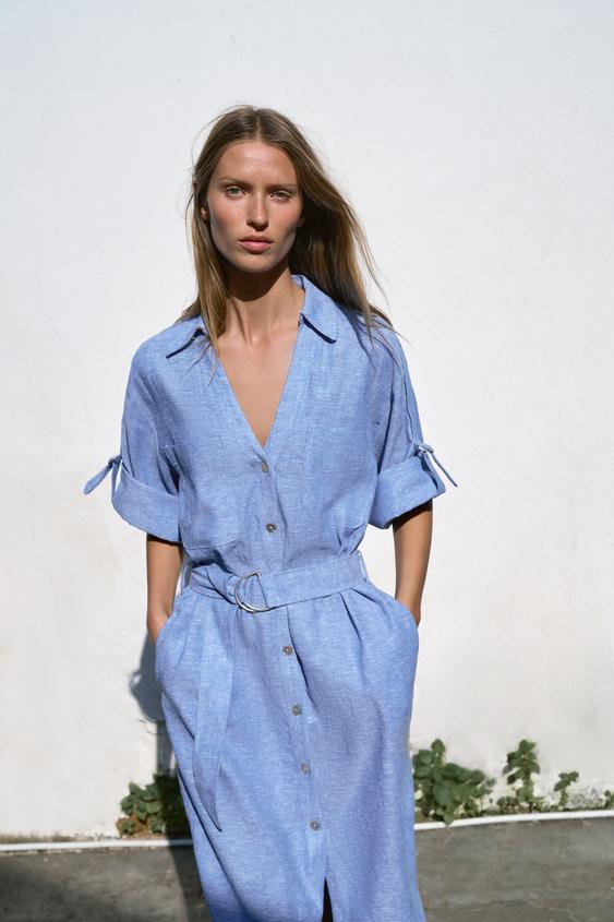 BELTED LINEN BLEND MIDI DRESS | Zara US