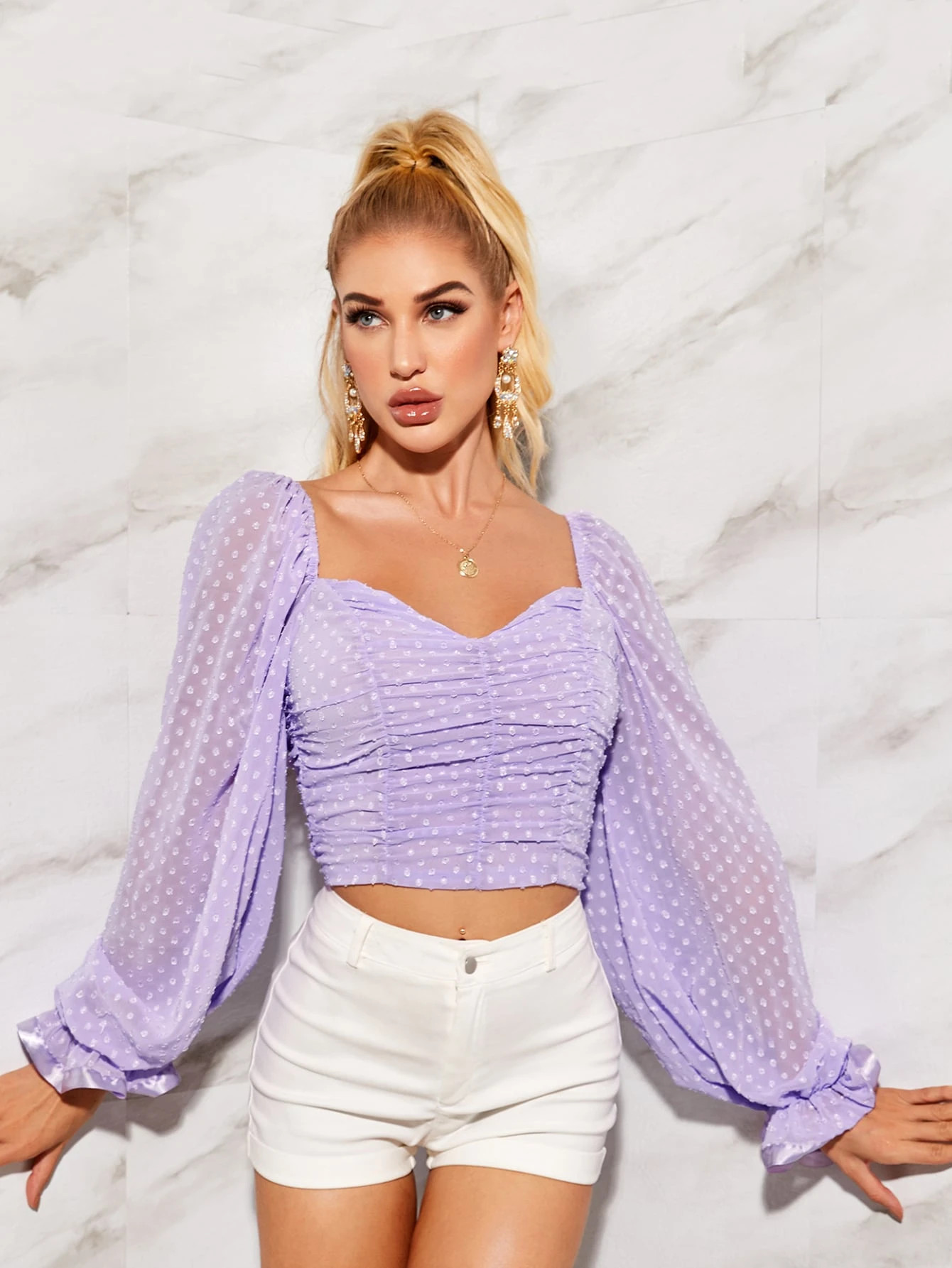 SHEIN Sweetheart Neck Ruched Swiss Dot Chiffon Crop Top | SHEIN