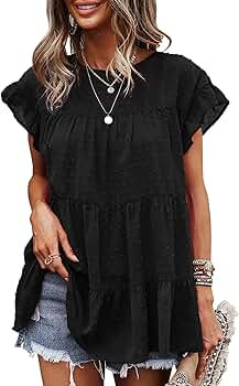 KIRUNDO Summer Women’s Tunic Tops Ruffle Neck Cap Sleeves Shirts Floral Print Loose Babydoll Ta... | Amazon (US)