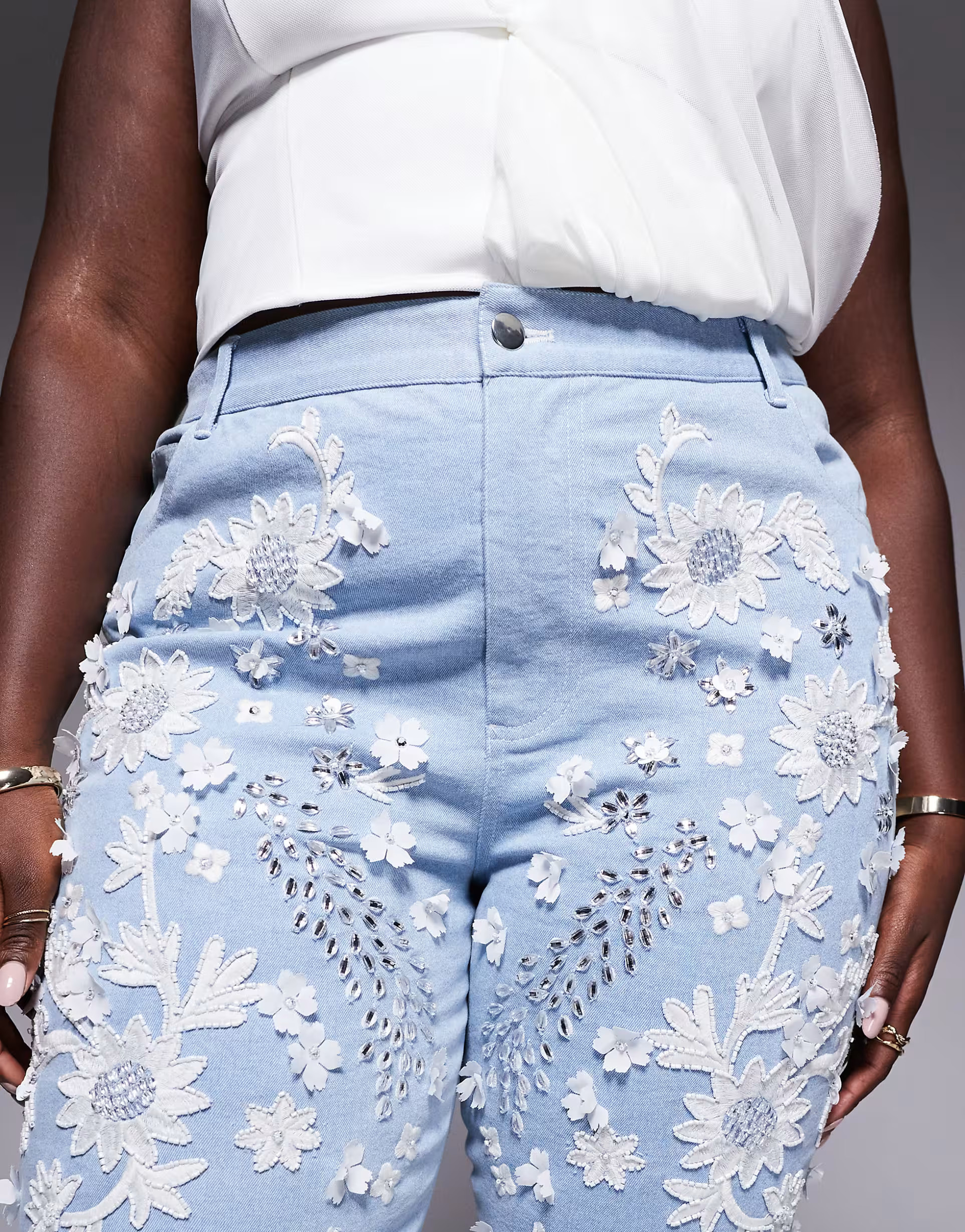 ASOS LUXE Curve white jewel embellished denim flared jeans in mid wash blue | ASOS (Global)