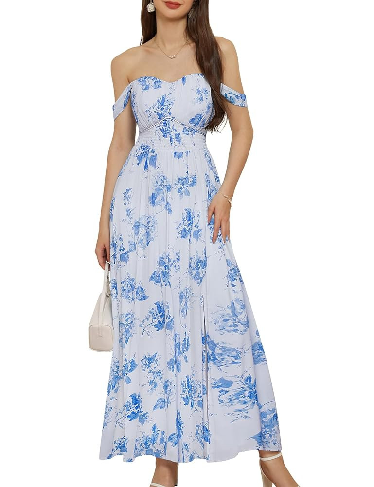 GRACE KARIN 2025 Women's Summer Floral Print Flowy A Line Maxi Dresses Sleeveless Smocked Off Sho... | Amazon (US)