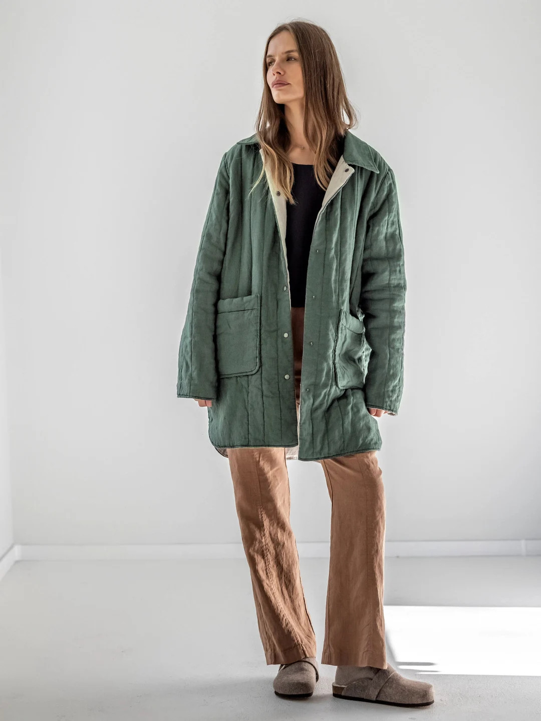 Quilted Linen Jacket With Pockets, Padded Linen Coat, Reversible Linen Peacoat for Women PINE - E... | Etsy (US)