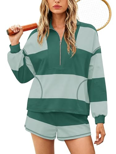 Yanekop Womens Oversized Striped Set Matching Workout Sets Lounge Sets 2 Piece Outfits Half Zip Pullover and Shorts Set(Green Mixed,M) | Amazon (US)