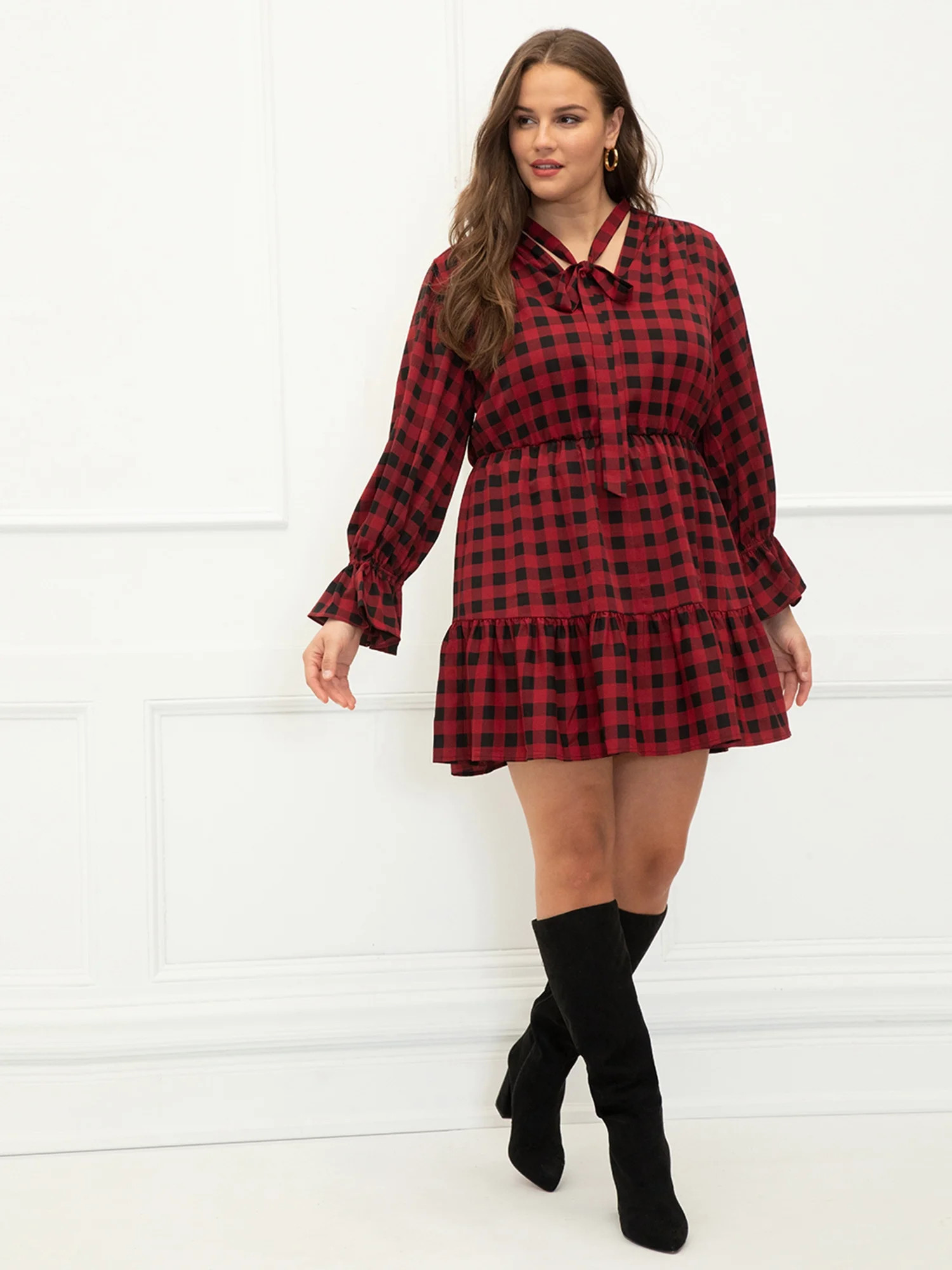 ELOQUII Elements Plus Size Buffalo Plaid Tie-Neck Flounce Midi Dress - Walmart.com | Walmart (US)