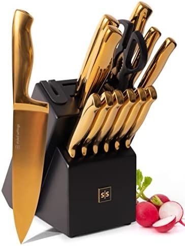 Black and Gold Knife Set with Block - 14 Piece Gold Knife Set with Sharpener Includes Full Tang G... | Amazon (US)