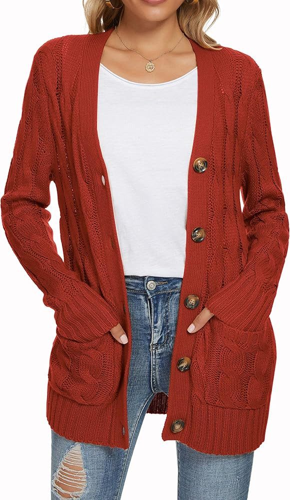 UEU Women's Long Sleeve Open Front Button Down Cable Knit Cardigan Sweater with Pockets | Amazon (US)