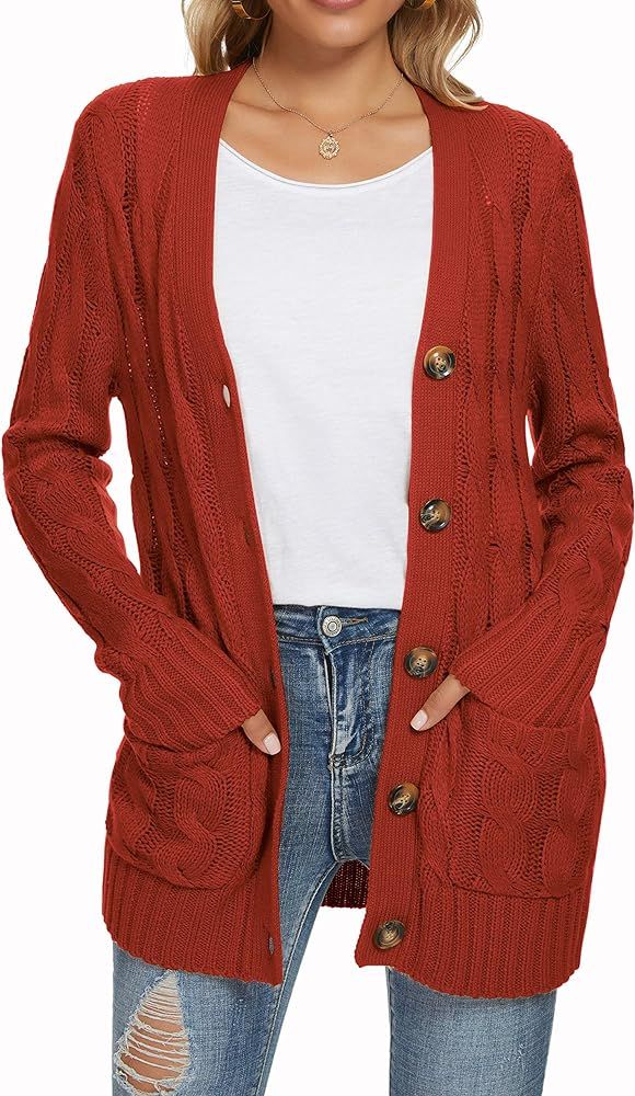 UEU Women's Long Sleeve Open Front Button Down Cable Knit Cardigan Sweater with Pockets | Amazon (US)