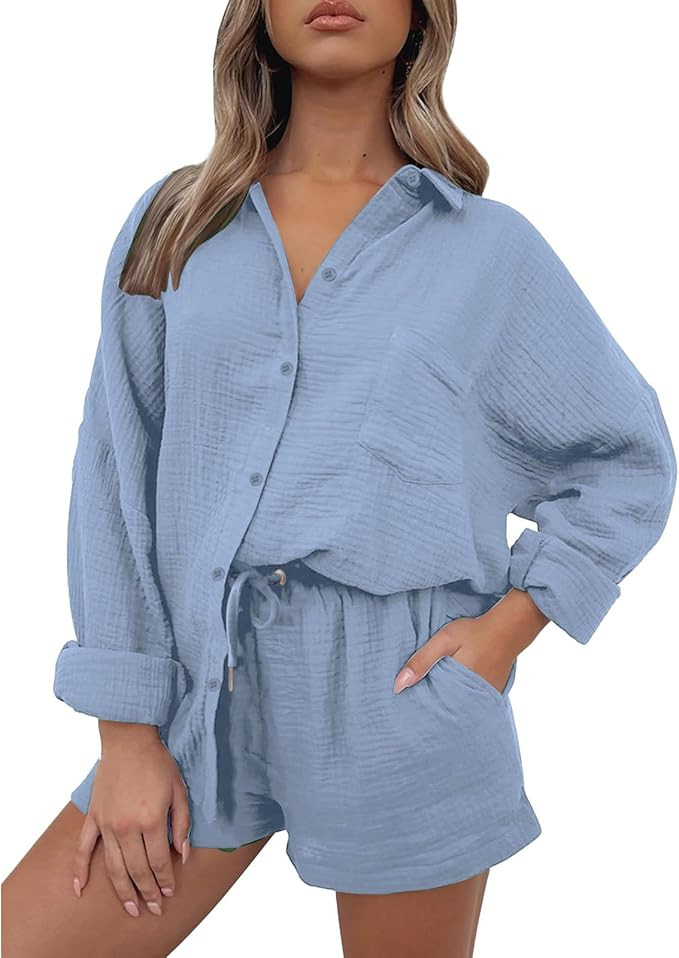Amazon.com: ZWRXW Womens 2 Piece Sets Cotton Linen Short Sets Oversized Shirts and Shorts Beach V... | Amazon (US)