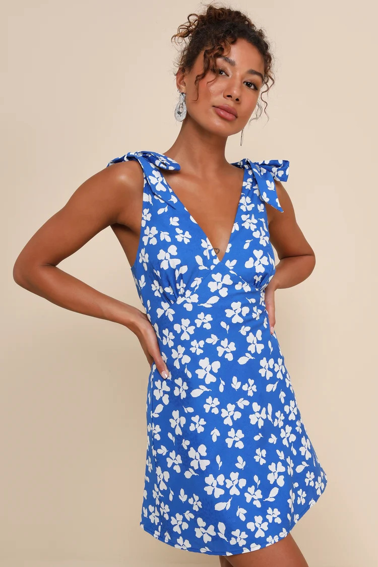 Bright Affection Cobalt Blue Floral Tie-Strap Mini Dress | Lulus