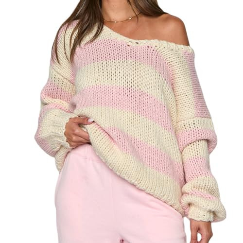 Women Striped Chunky Knit Sweater Drop Shoulder Long Sleeve V-Neck Oversized Sweater Pullover Loose Knit Jumper Top (Pink, L) | Amazon (US)