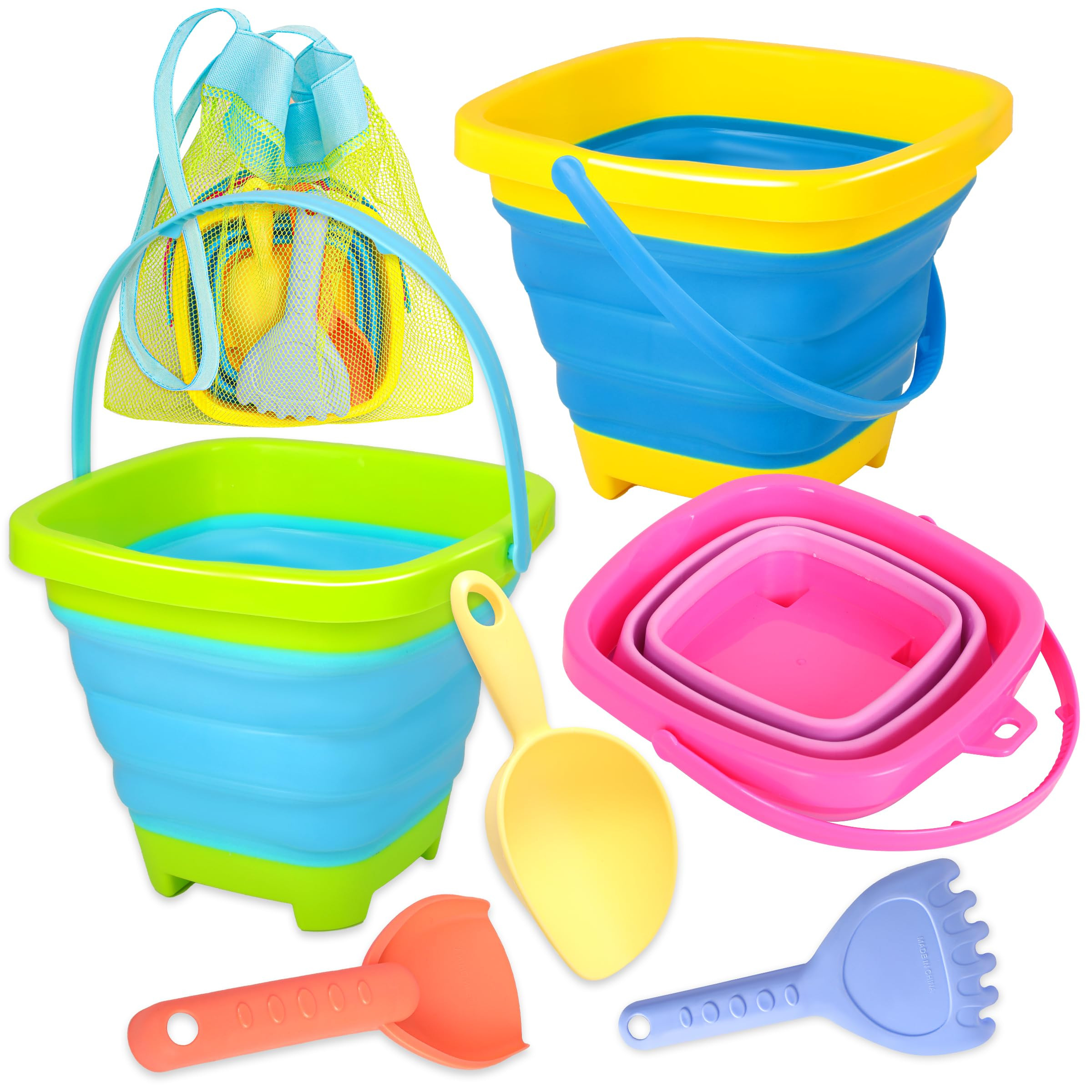 Collapsible Beach Sand Bucket 3 Packs Foldable Buckets Set with Shovels & Mesh Bag Collapsible Be... | Amazon (US)
