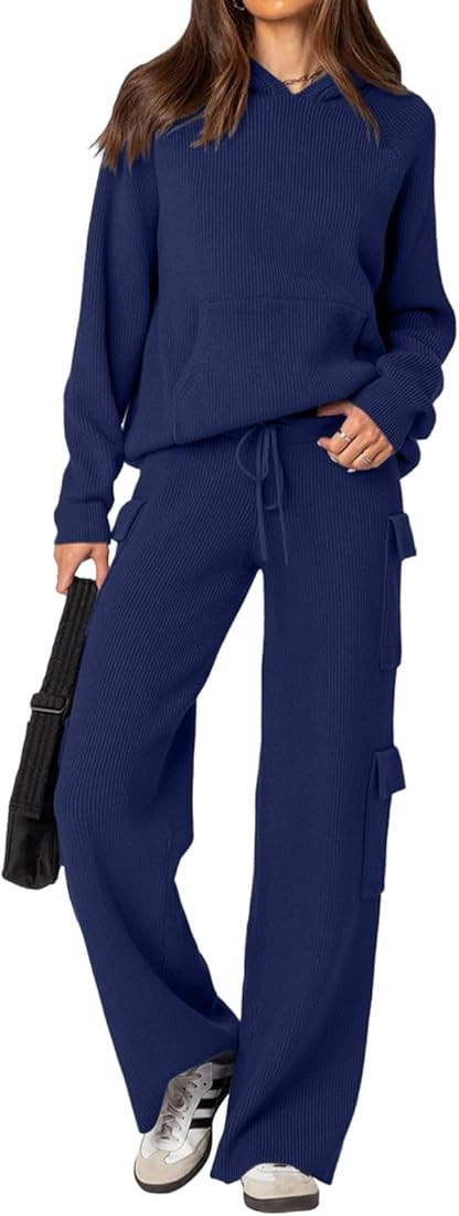 REORIA Women 2 Piece Knit Sweater Set Lounge Hoodie & Cargo Pants Outfit for Fall Winter 2024 Tra... | Amazon (US)