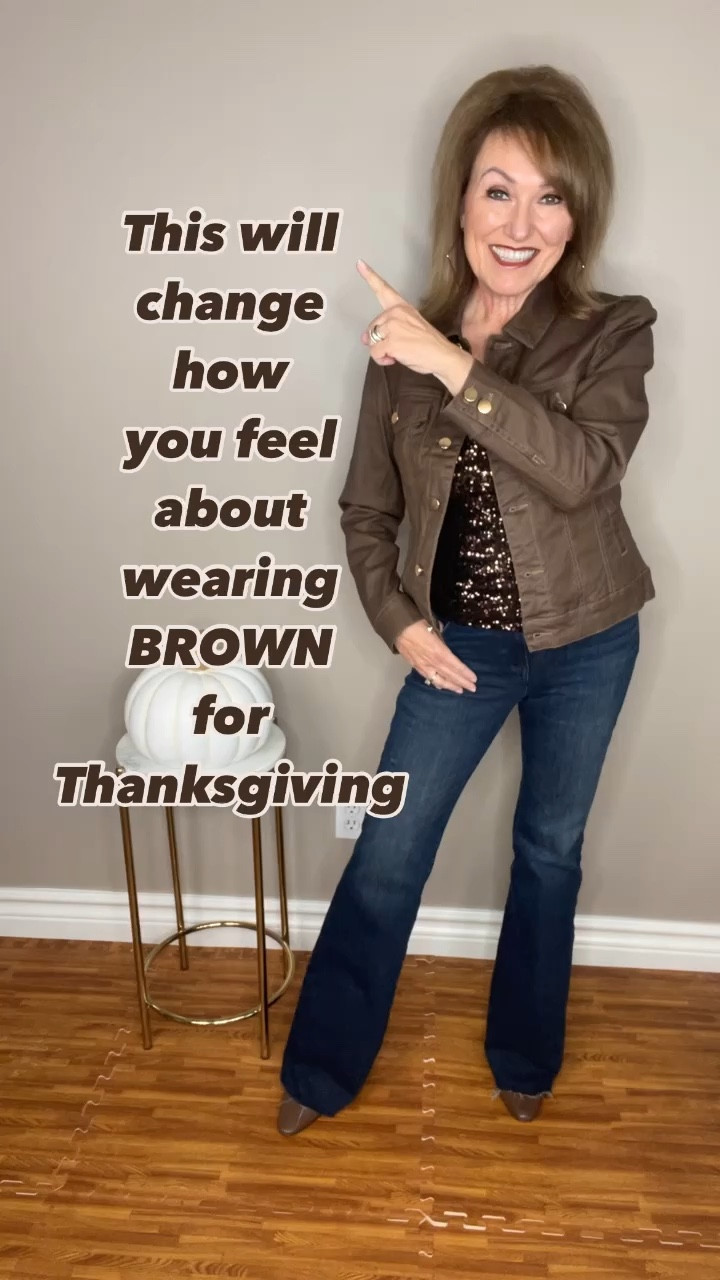 I have always loved brown….and it’s such a perfect earth tone to wear for Thanksgiving.

These four looks would look great sitting around any table while munching on some turkey.  They are all casual, yet dressy enough for a holiday outfit.  We’re pretty much a casual dress family for Thanksgiving, so any of these would work well for me. But I’d probably pick the one that has the most expansion in the waist!
