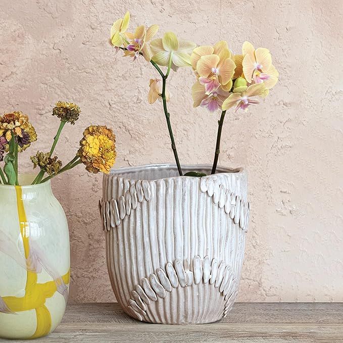 Creative Co-Op Handmade Stoneware Pleated Vase with Pattern, Cream | Amazon (US)