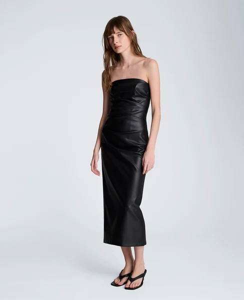 Tucked Detail Midi Strapless Vegan Leather Dress | Kenneth Cole