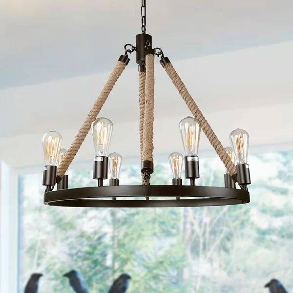 Barrackville 8 - Light Unique / Statement Wagon Wheel Chandelier with Rope Accents | Wayfair North America