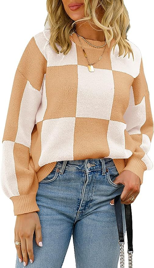 CORIRESHA Women's Color Block Check Crew Neck Long Sleeve Chunky Casual Knit Pullover Sweater | Amazon (US)