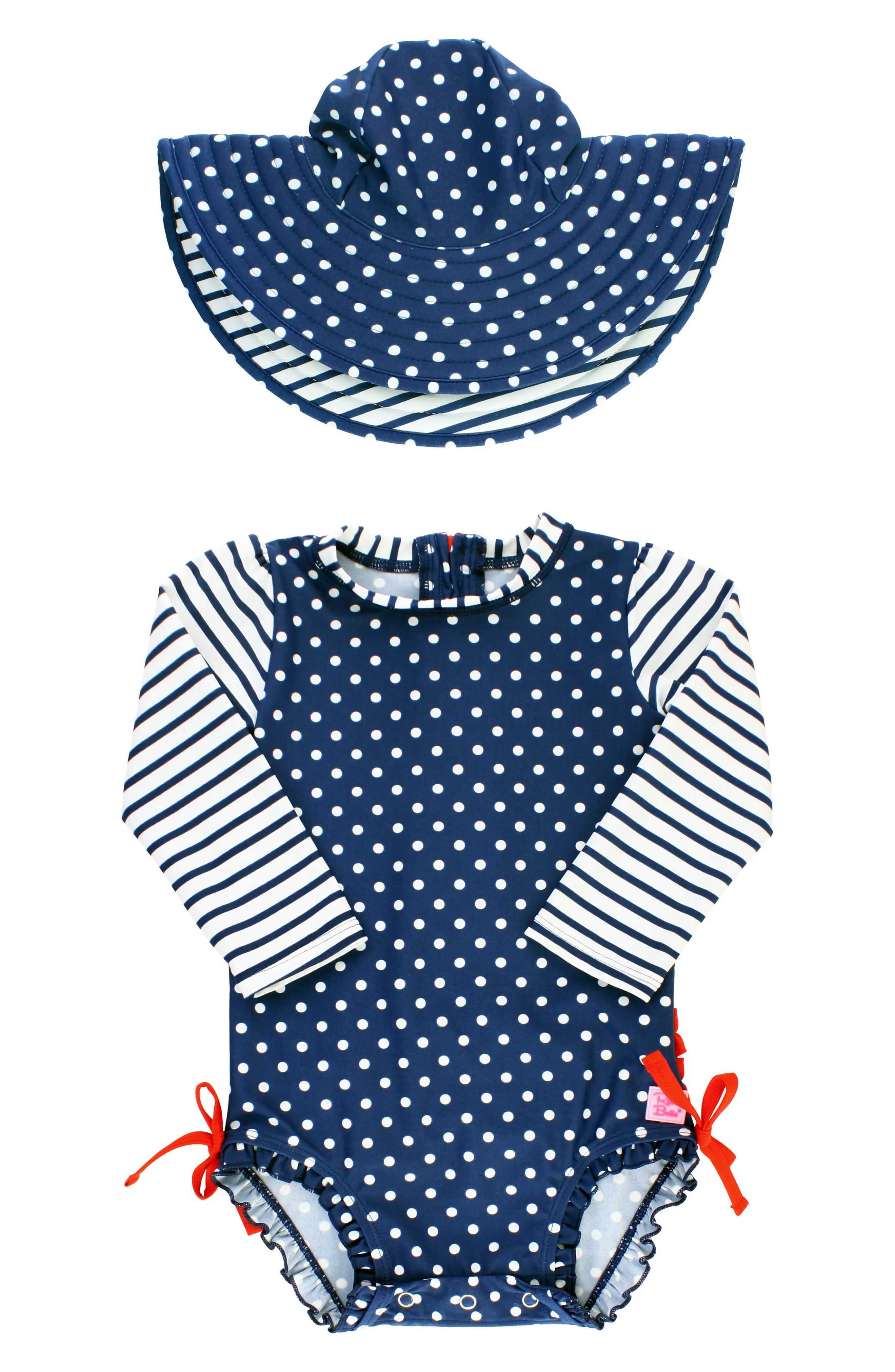 Polka Dot One-Piece Rashguard Swimsuit & Sun Hat Set | Nordstrom