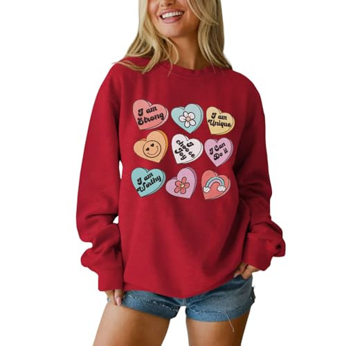 SOFEON Womens Valentine's Day Sweatshirt Heart Print Inspirational Long Sleeve Shirts Crewneck Pullover Oversized Tops(Red,Small) | Amazon (US)
