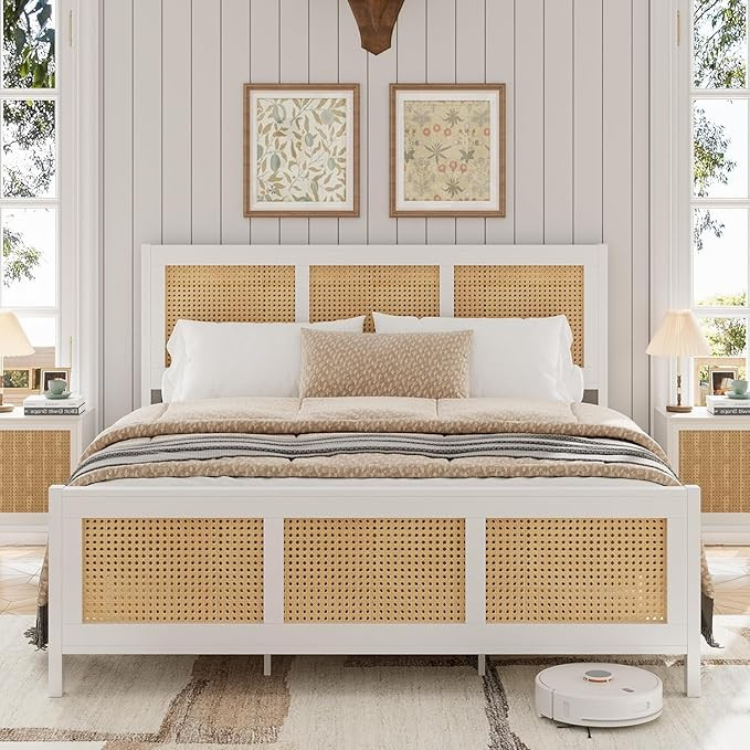 Queen Size Rattan Bed Frame with Headboard, White Boho Cane Platform Bed Frame with Strong Metal ... | Amazon (US)